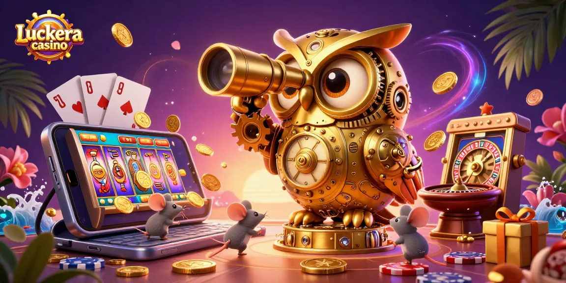 Experience the excitement of Luckera casino with a vibrant 3D illustration of an owl and mice in a dynamic casino scene.