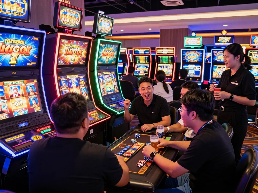 Excited players enjoying link gacor at a vibrant casino slot machine with neon lights.