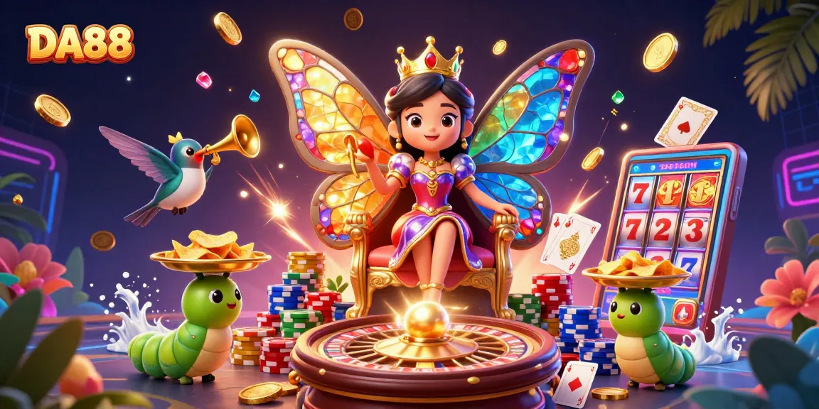 Win big at DA88 with dazzling prizes and vibrant casino-themed 3D illustration.