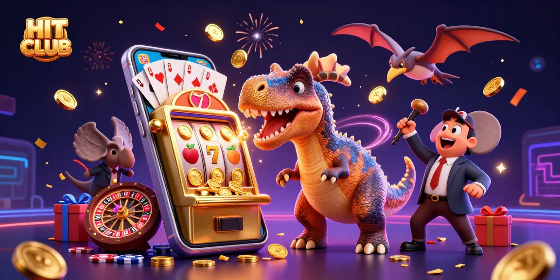 HIT CLUB illustration showcasing a slot machine bursting with coins, emphasizing dynamic casino action.