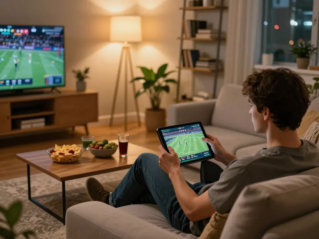 Engaging in trang cá cược bóng đá on a tablet at cozy home gaming setup with snacks and drinks.