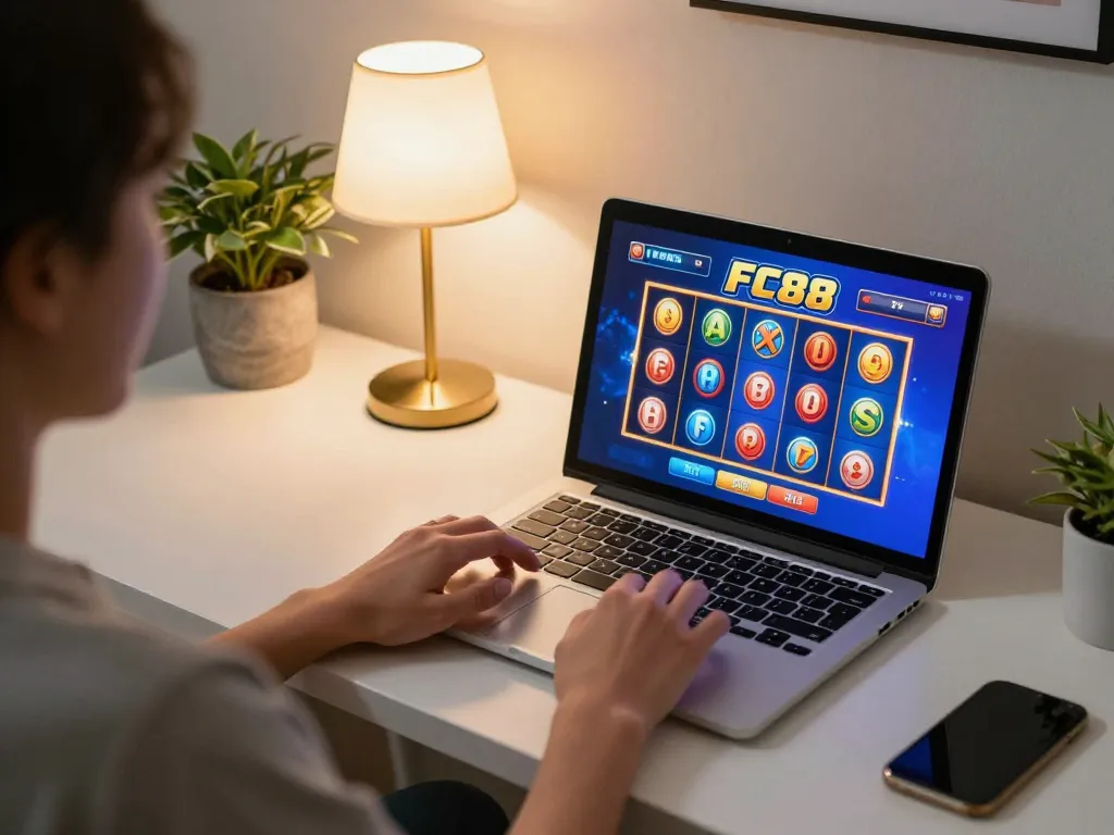 Engaging FC88 online slot game displayed on a modern laptop, showcasing strategic gameplay.
