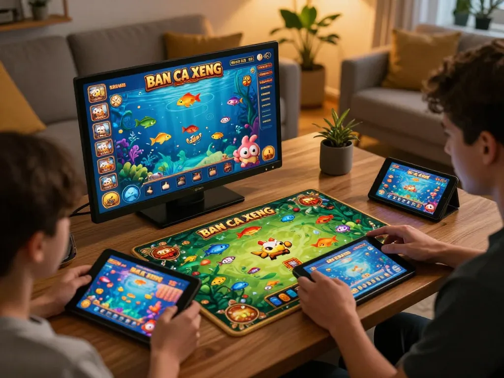 Players enjoying the exciting Ban Ca Xeng game at 555win using tablets, capturing thrilling gameplay moments in a cozy atmosphere.