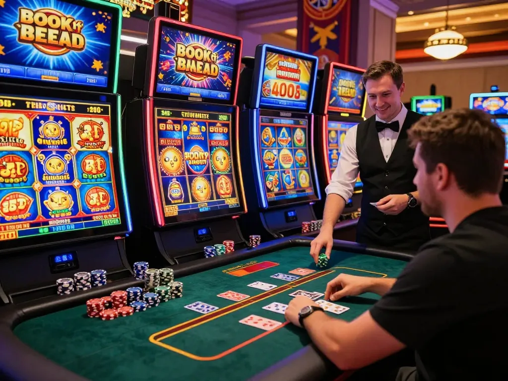 Player enjoying exciting games at Sultan Wild Casino with vibrant slot machines and friendly dealers.