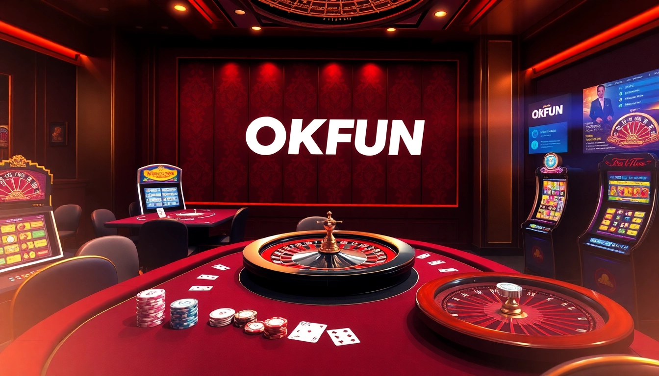 Experience the thrilling action of OKFUN with poker tables and glamorous dealers in a vibrant casino atmosphere.