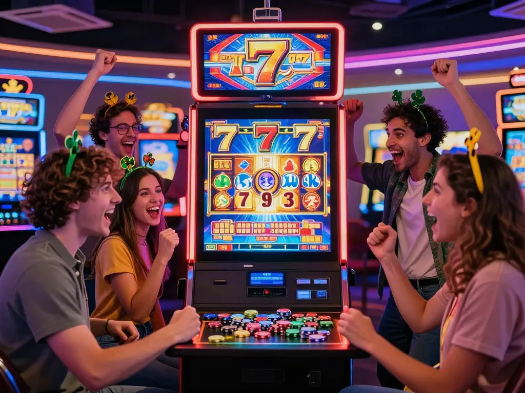 Friends celebrating a Lucky777 slot machine win in a lively casino.