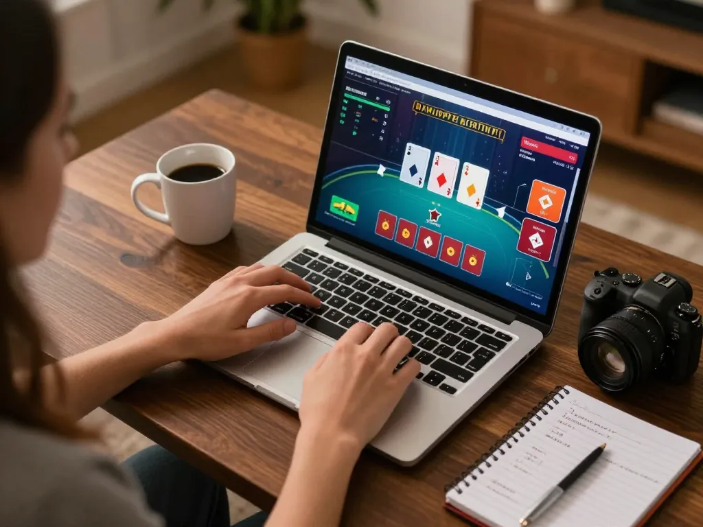 Exciting online poker session with f8beta2 on sleek laptop showing cards and betting options in a cozy home