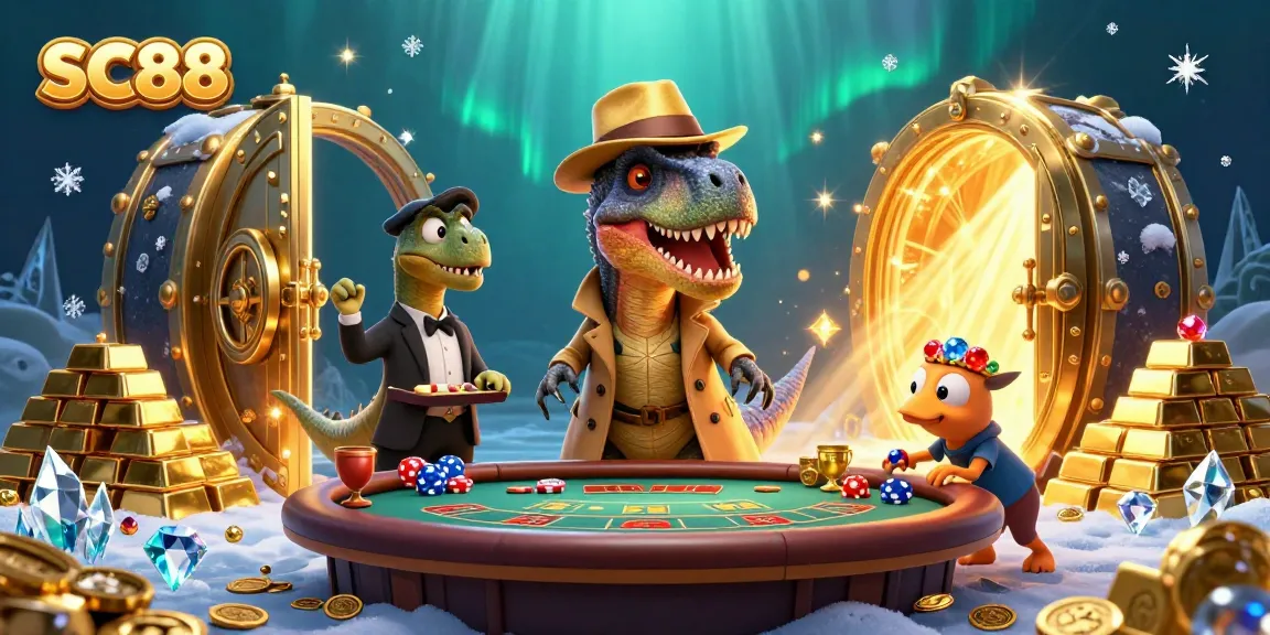 SC88 velociraptor card counter and stegosaurus pit boss amid gold and treasures at a dynamic blackjack table.