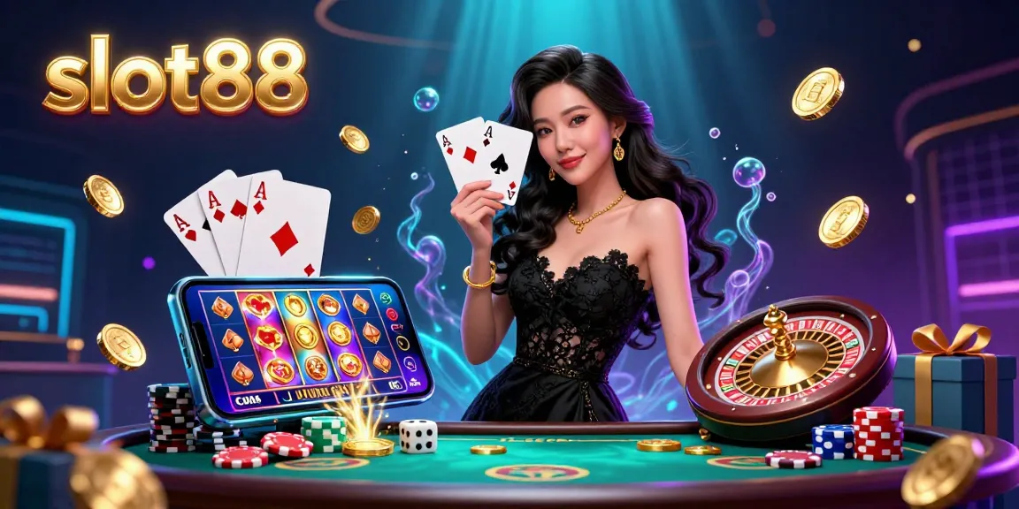 Experience the thrill of slot88 with a stunning illustration of a graceful woman holding playing cards in a vibrant casino setting.