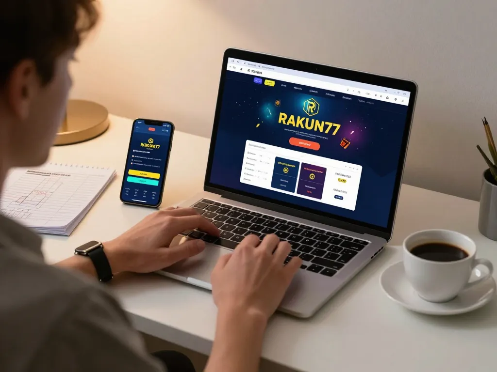 Pengguna RAKUN77 menikmati pengalaman bermain game online dengan laptop dan smartphone, menampilkan aktivitas perjudian yang menarik