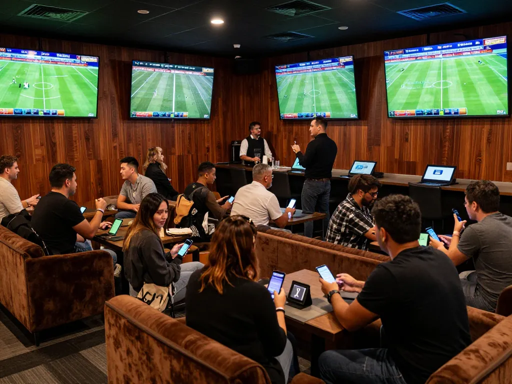 Excited sports bettors analyzing odds live on screens at nddo event.