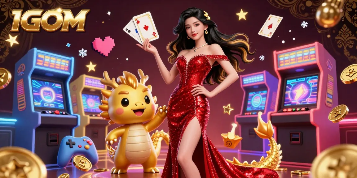 Bet on winning strategies at 1GOM with vibrant graphics, featuring a welcoming Asian woman and golden dragon mascot.