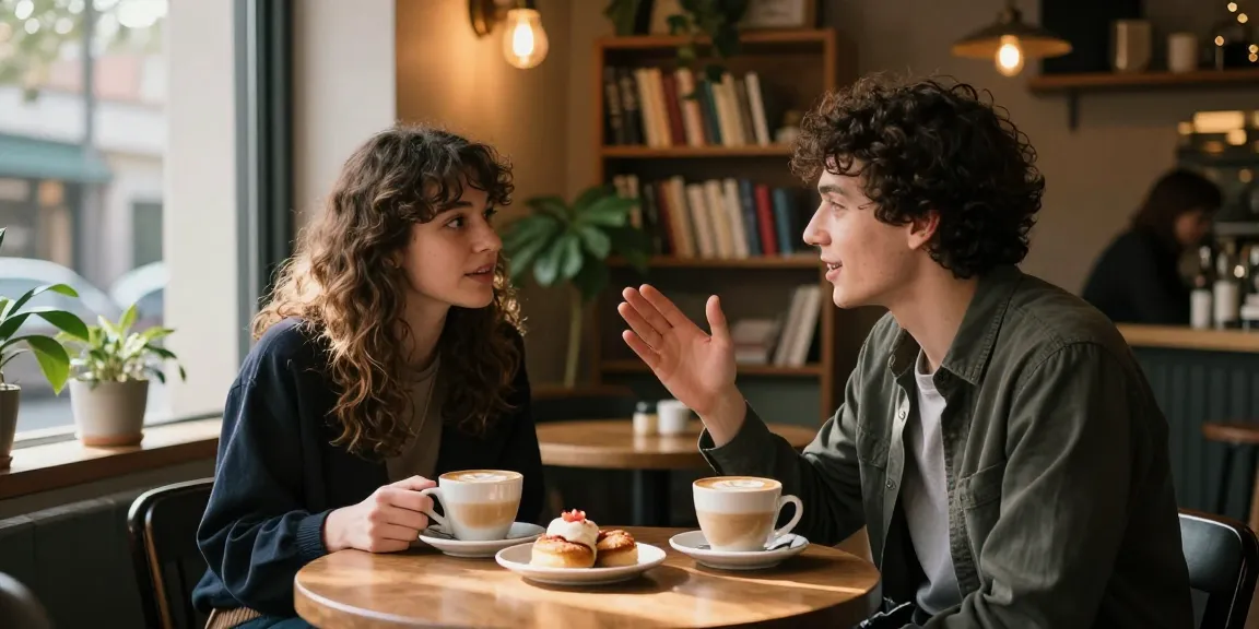 Friends discussing their crush on someone over coffee in a cozy café.