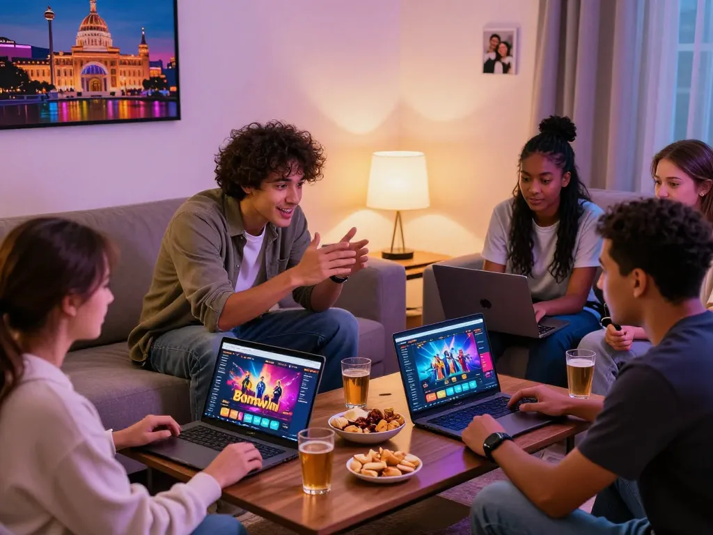 Friends gaming on Bomwin platform with laptops and snacks in a cozy living room.