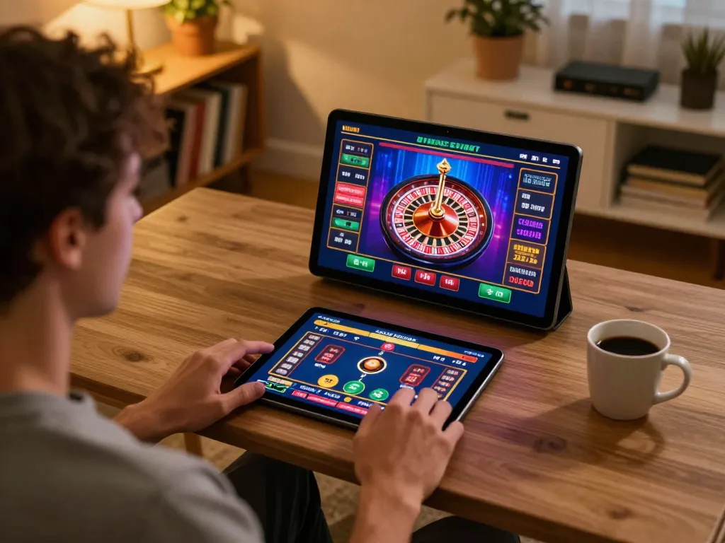 Togel hari ini gameplay on a tablet in a cozy home environment, showcasing live casino action