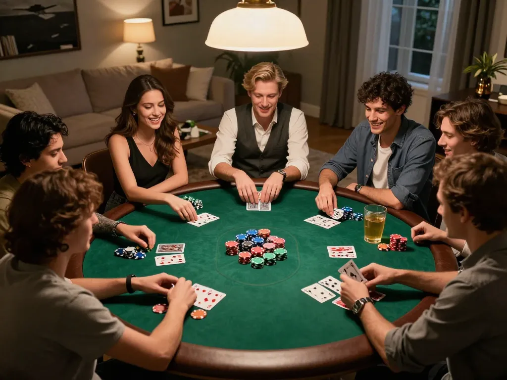 Friends enjoy a lively poker night at home while playing F168, with colorful chips and warm lighting.
