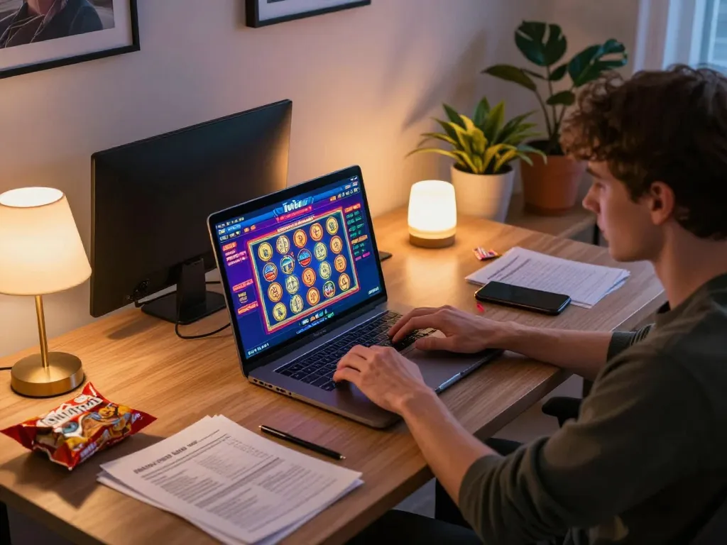 Player immersed in iwin online gaming from a cozy home office, showcasing dynamic casino entertainment atmosphere
