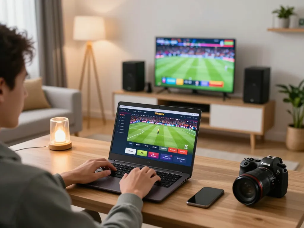 Okwintv user enjoying live football streaming on a laptop at home, showcasing modern gaming setup.