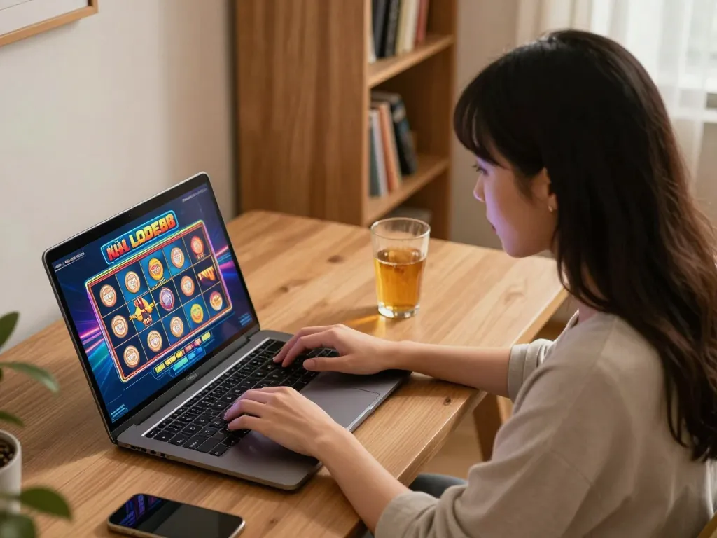 Player engaging in online gaming at Nhà cái LODE88 with vibrant slot graphics on screen.