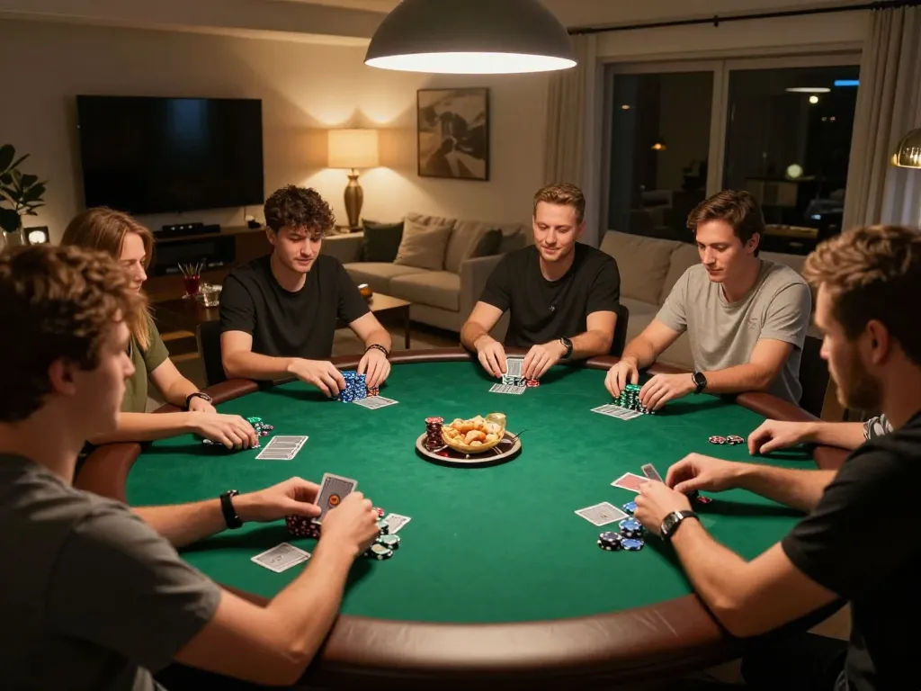 Nego77 players strategizing during an engaging home poker night with chips and cards
