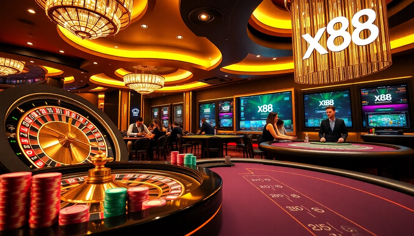 Experience high-stakes action at x88's modern casino with vibrant roulette and poker games.