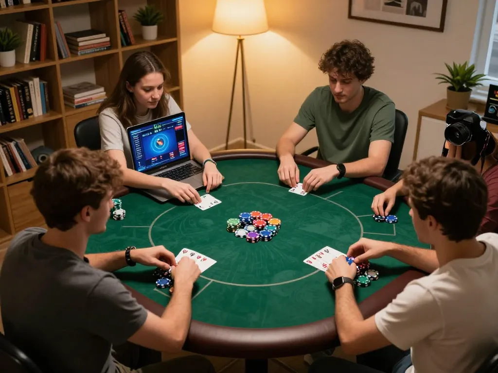 Người chơi B52club tận hưởng trò chơi poker trực tuyến tương tác trong một không gian ấm cúng tại nhà, nhấn mạnh chiến lược và tình bạn.