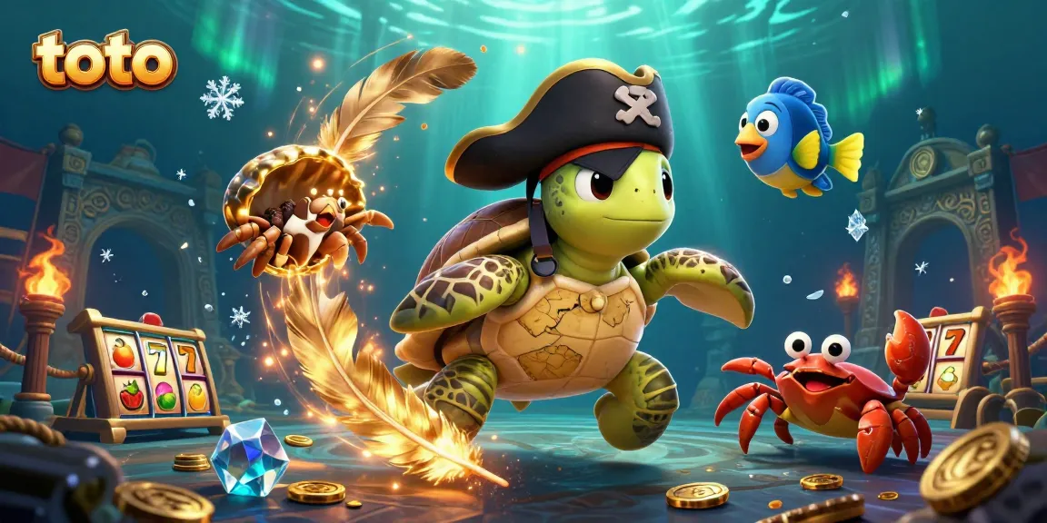 Play numbered toto lottery alongside a cartoon pirate turtle, hermit crab, and colorful fish.
