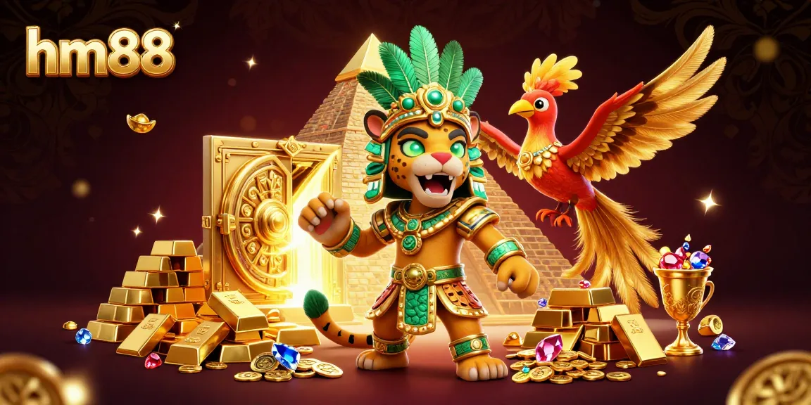Engage with hm88's vibrant casino experience featuring a Mayan priest, gold treasures, and captivating gems.