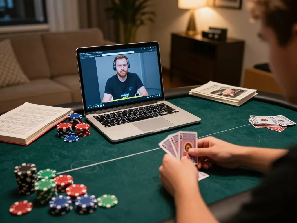 Player engaging in an online poker game on SC88 with chips and cards visible in a cozy home setting