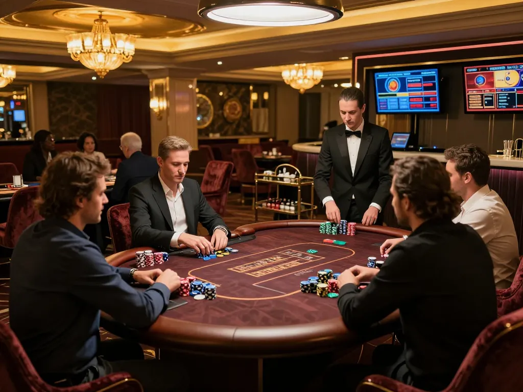 Cendana777 players engaging fiercely at a high-stakes poker table in a luxurious casino VIP area.