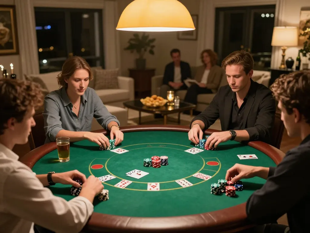 mb66 players strategizing at vibrant home poker table during friendly competition