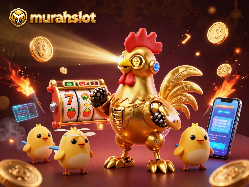 Menangkan jackpot di murahslot dengan ilustrasi karakter robot ayam emas dan simbol slot yang berkelap-kelip.