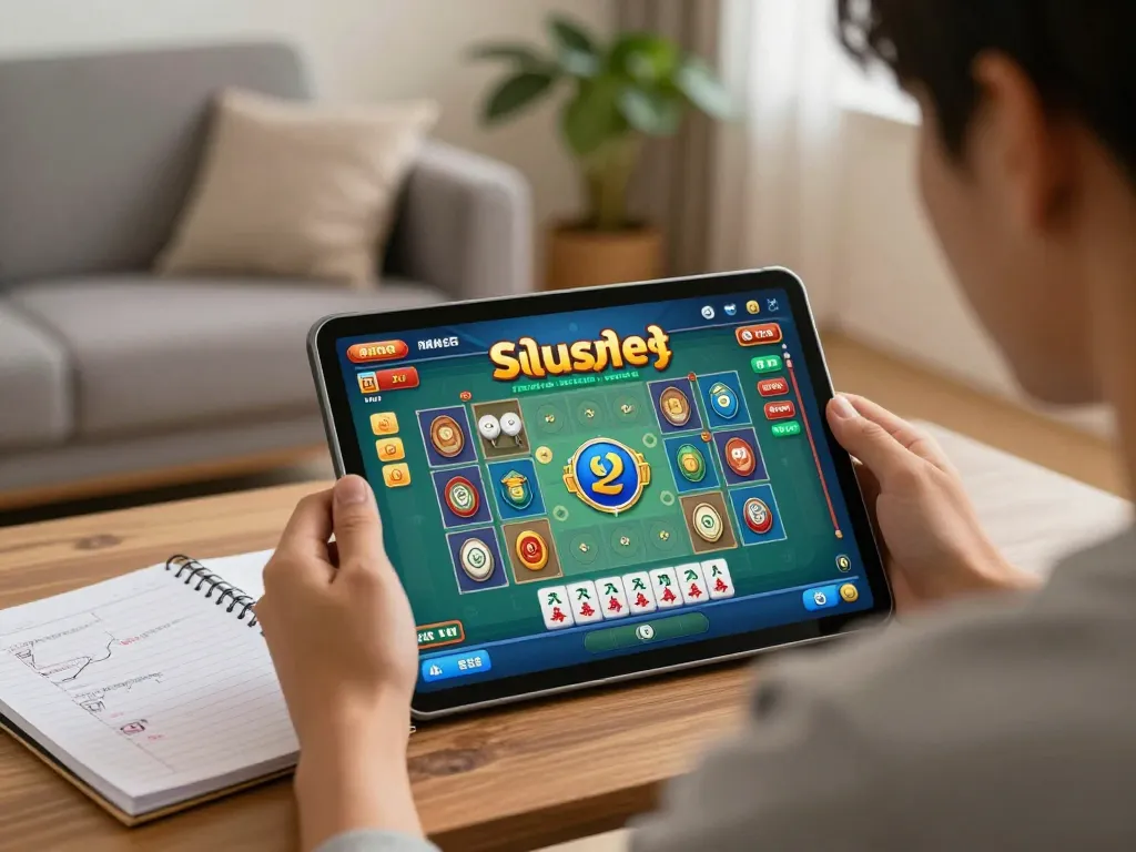 Situs slot mahjong gameplay on tablet showcasing engaging strategy notes and cozy environment.