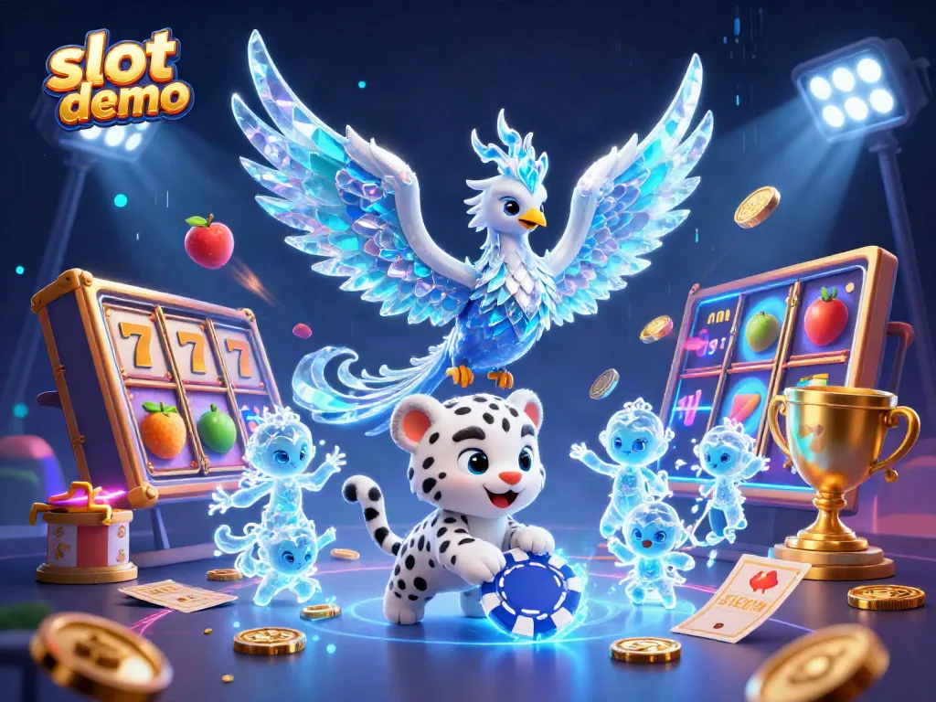 Slot demo menampilkan phoenix es 3D dan karakter slot dalam lingkungan berkilau yang meriah.