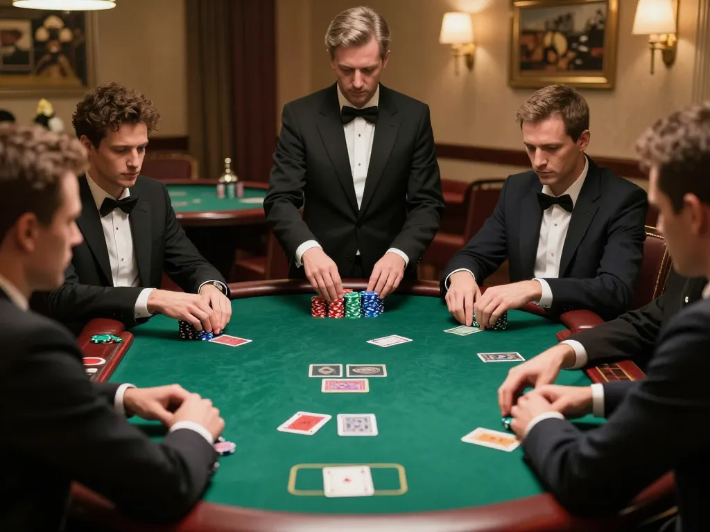 Players engaging in high-stakes poker at LU88 gaming table amidst luxurious surroundings.