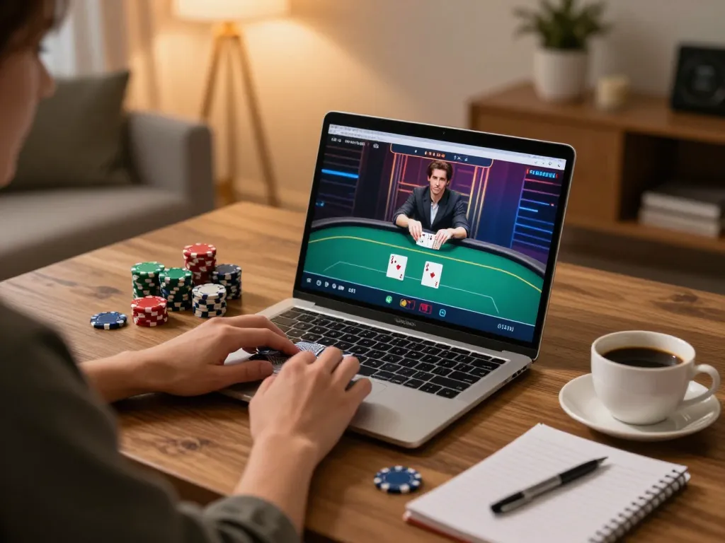Experience thrilling poker gameplay with F168 in a cozy home setting, with poker chips and a warm atmosphere.