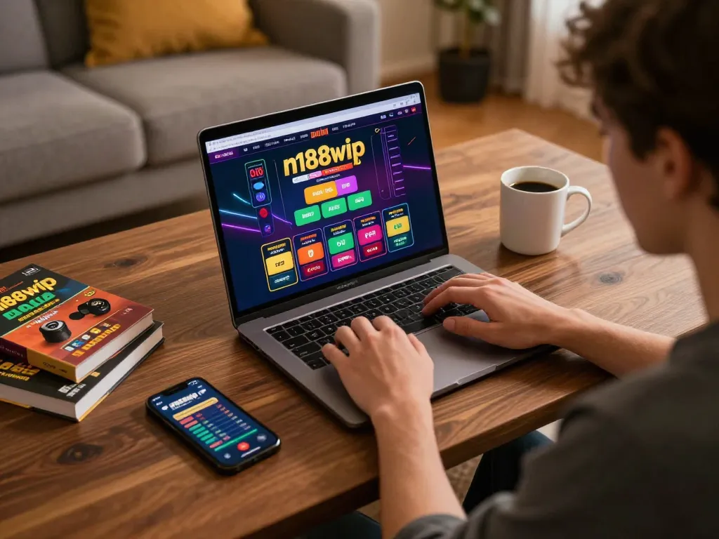 Engaging with the n188vip online casino platform at home, showcasing strategic gaming.