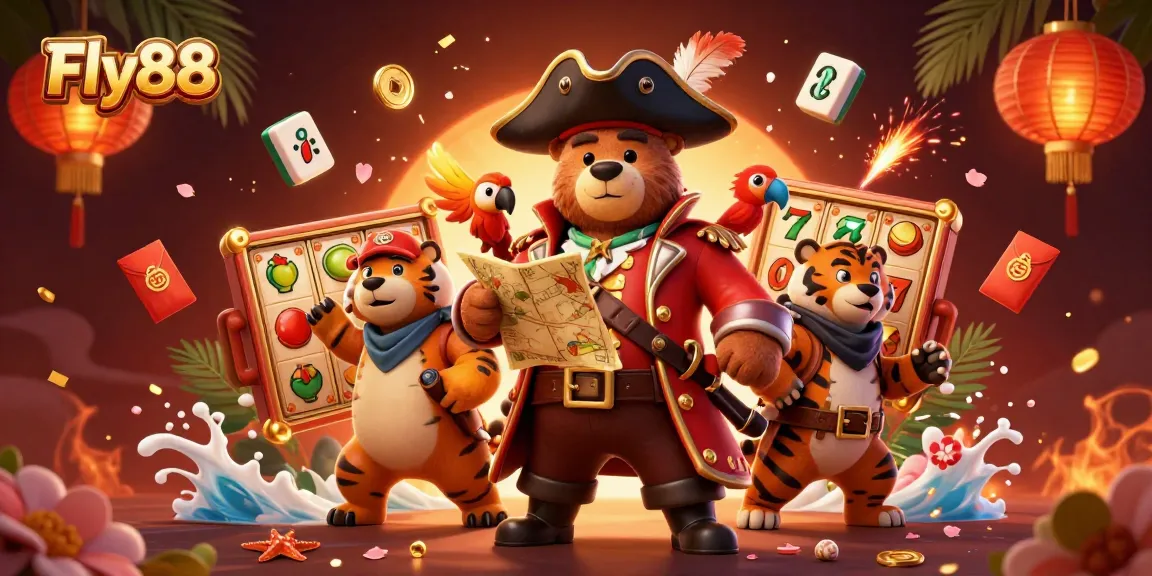 Experience vibrant gaming with Fly88, featuring a pirate and friends amidst 3D casino elements.