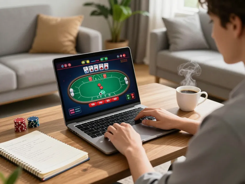 Player enjoying 789club online poker game on laptop with strategy notes in a cozy home setting.
