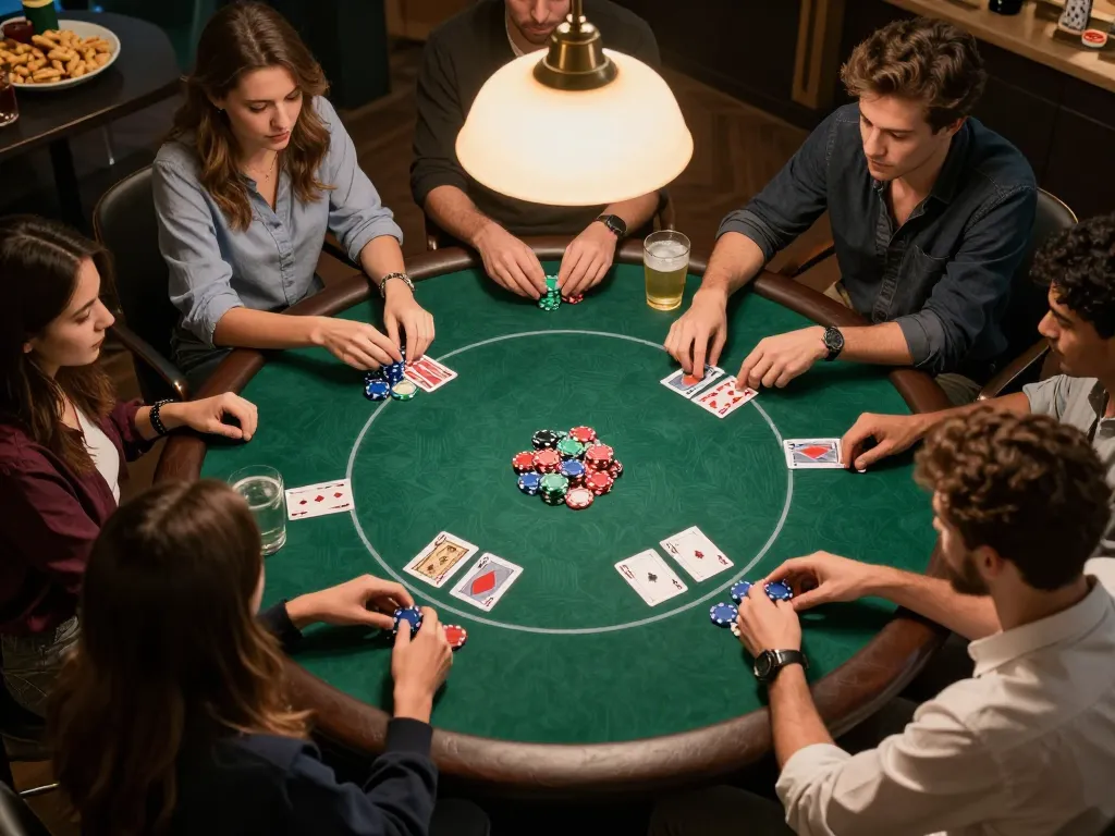 Engaged players strategizing during a poker night, showcasing the Lista dei Siti non AAMS for a vibrant social gaming experience.