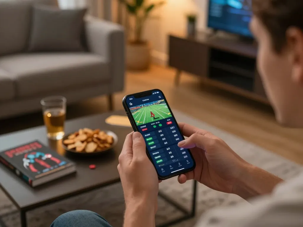 Engaging in live sports betting on https://rr88.navy/ using a smartphone in a cozy living room setting.