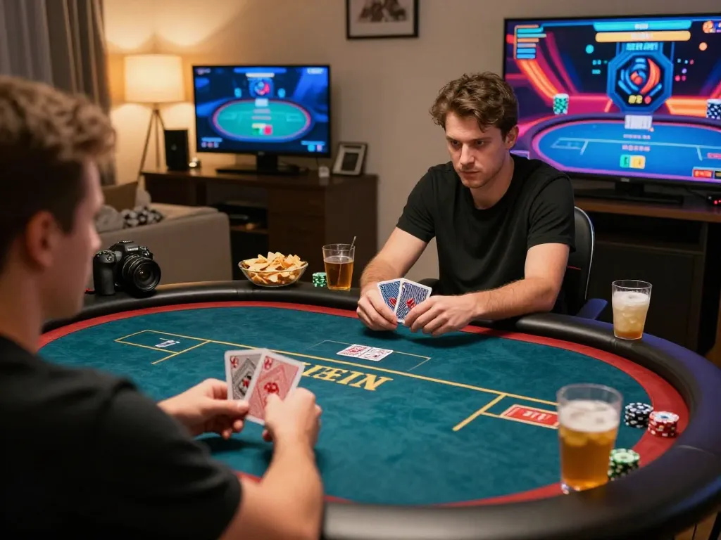 Engaging online poker game on O8, showcasing a player focused on strategy with multiple screens in a modern gaming setup.