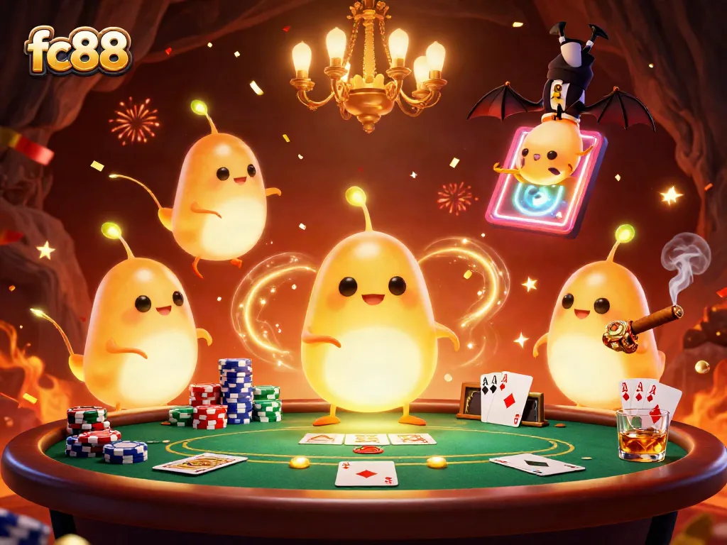 Engage with exciting fc88 gaming at our vibrant cave casino illuminated by glowworms and a bat dealer.