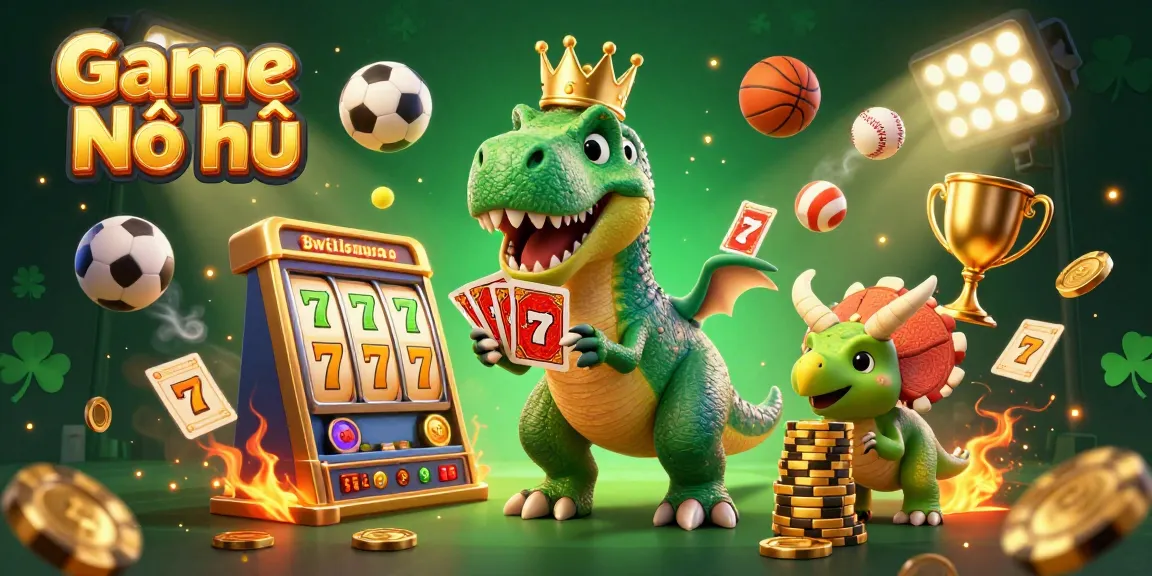 Experience the vibrant Game Nổ hũ with cartoon dinosaurs engaging in slots, cards, and jackpots.