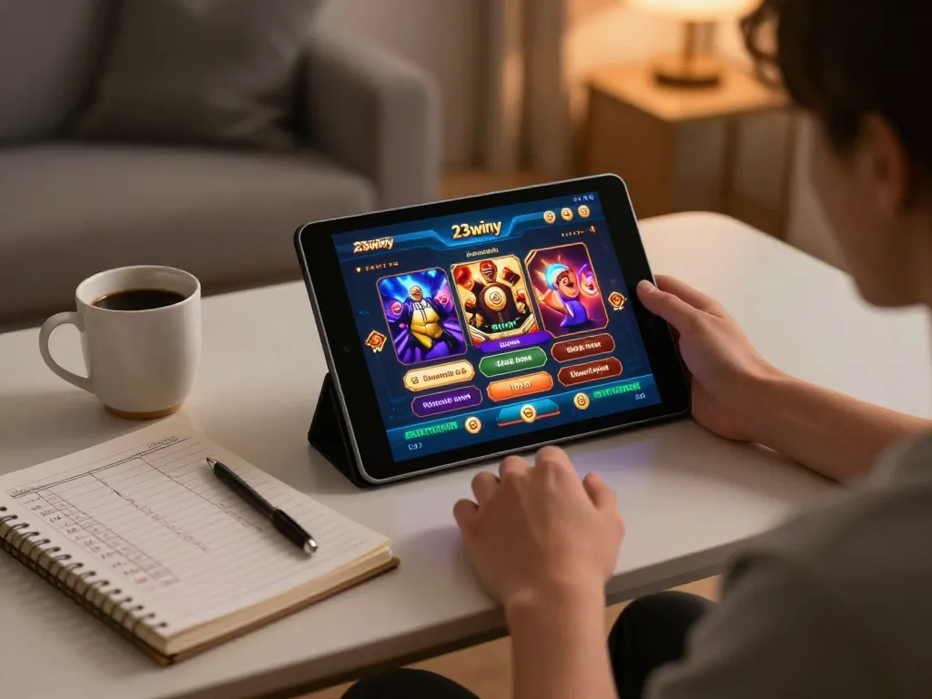 Excited player using the 23winy app for online gambling in a cozy home setting.