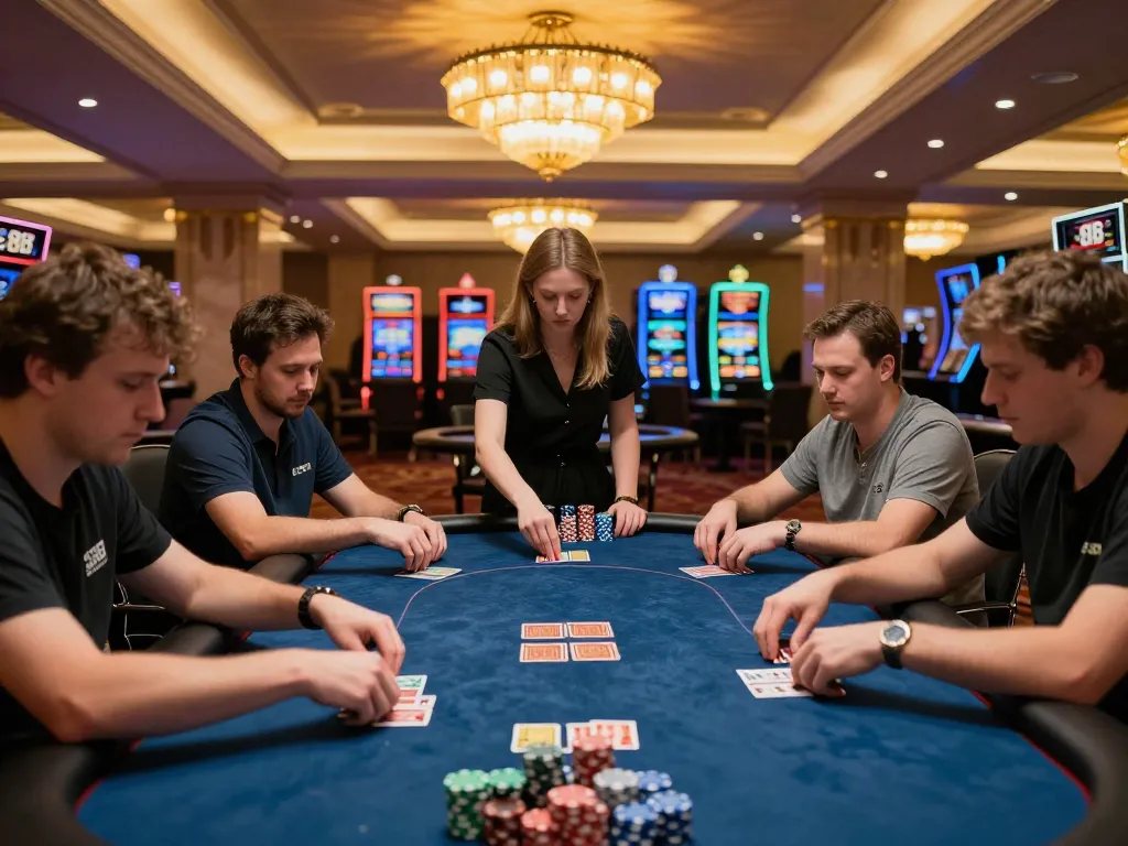 Players competing at SC88 poker table, showcasing strategy and excitement in lively casino setting