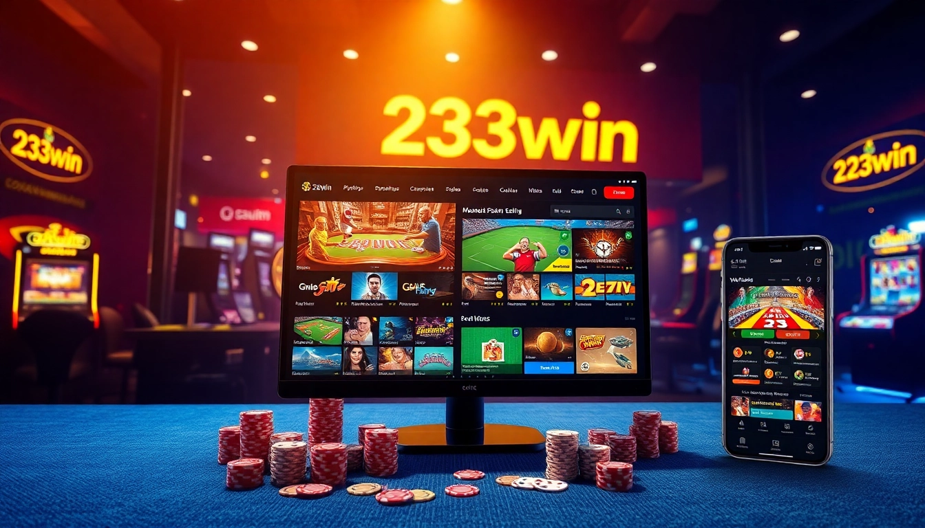 Exciting gaming scene on 23win showcasing sports betting, casino fun, and vibrant slot machines.