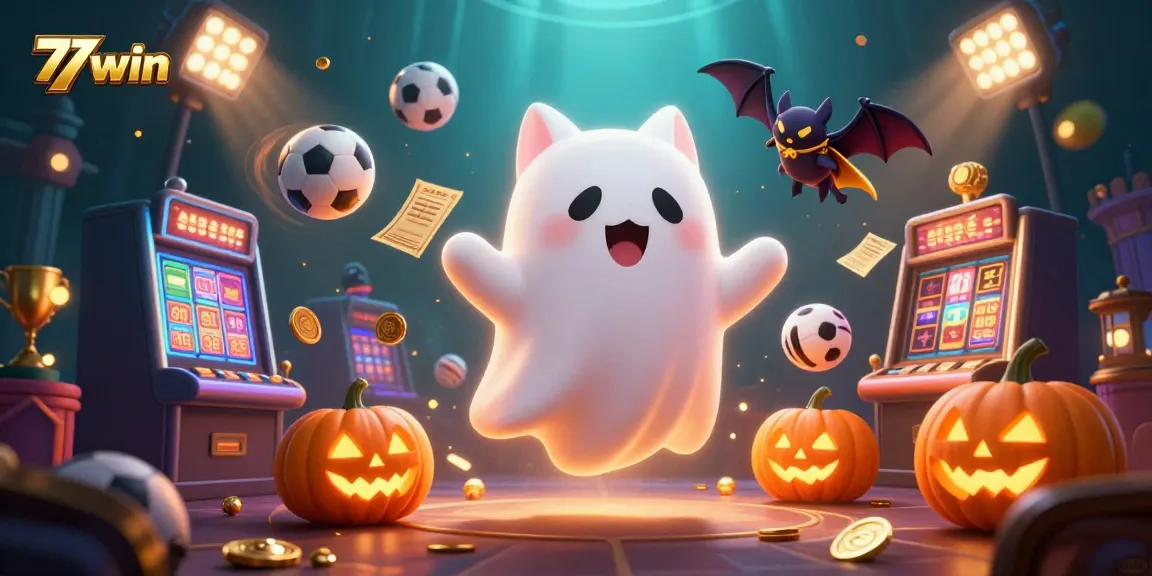 Experience excitement at 77win with a dynamic scene of a ghost cat casino adventure.