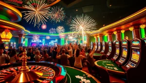 Explosion of a prize-winning lottery celebrated with fireworks in an opulent casino setting.