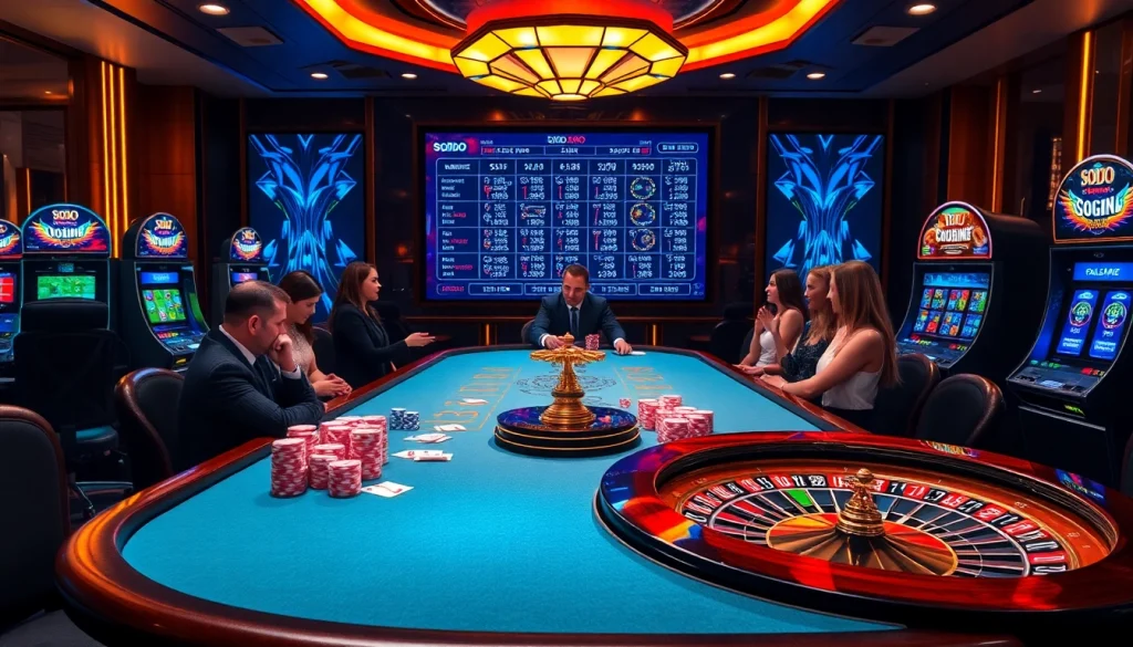 Experience the excitement of SODO Casino with vibrant gaming tables and lively players.